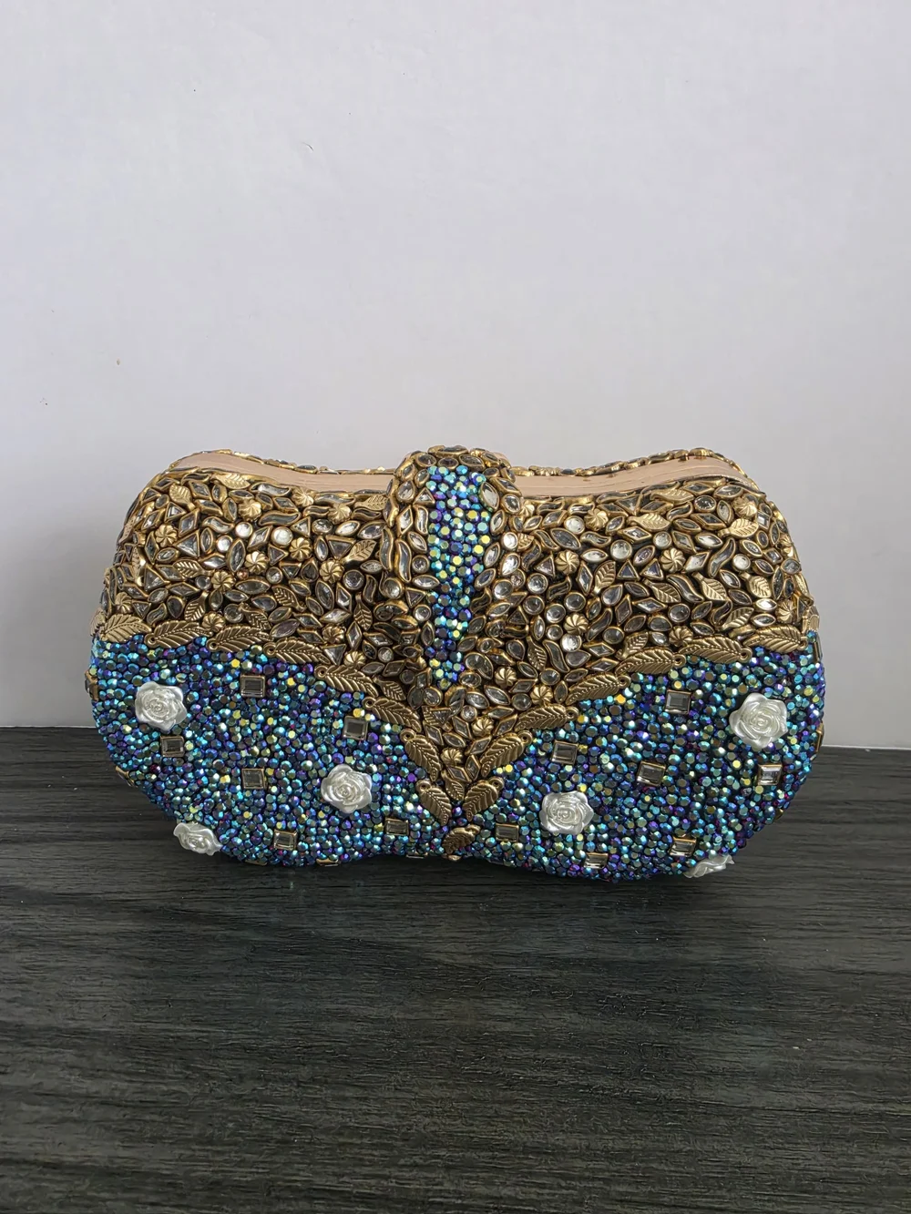 Luxury Beaded Crystal Clutch Bag | Gold Leaf & Teal Iridescent Evening Purse